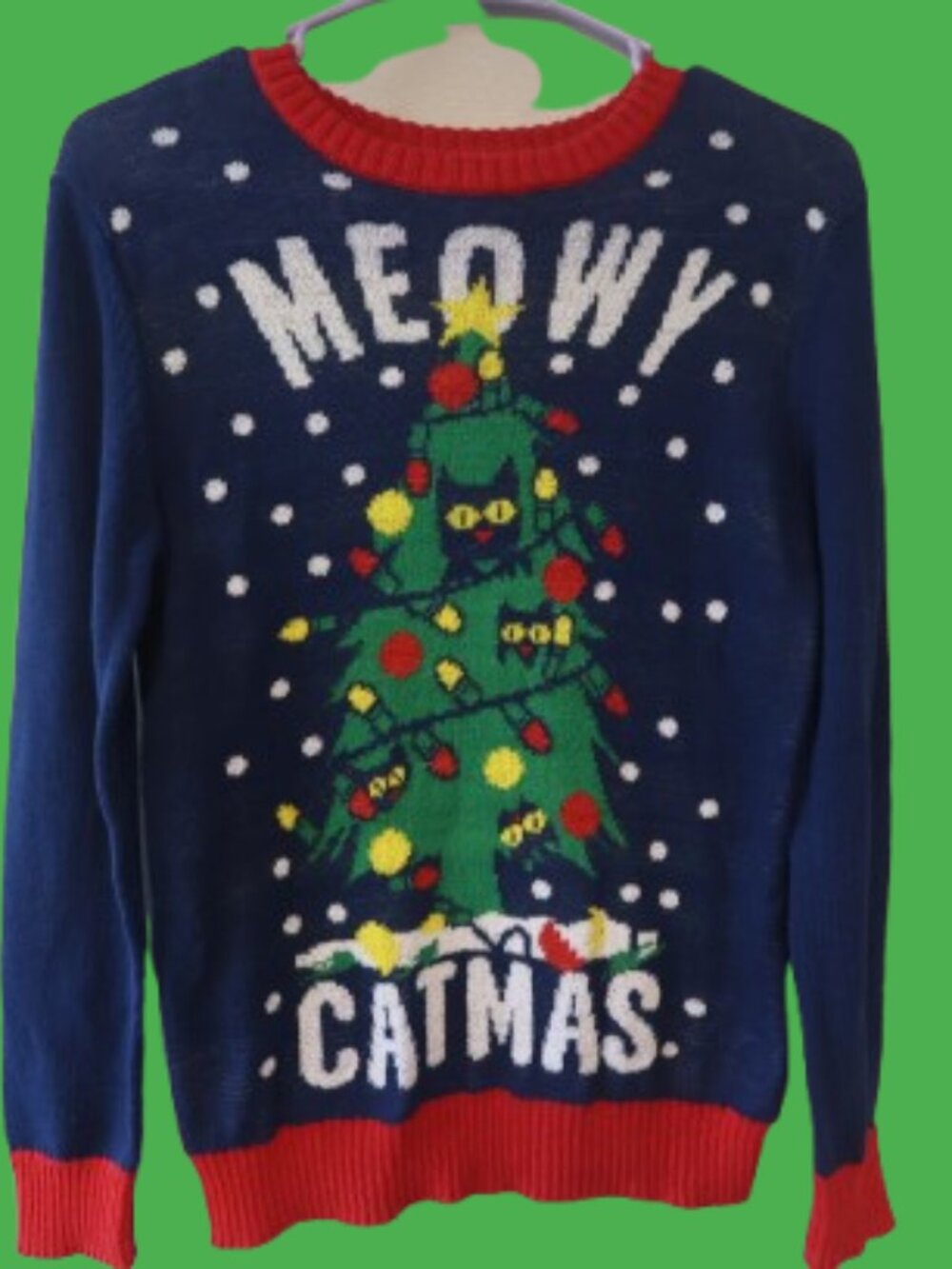 Well Worn Meowy Catmas Ugly Christmas sweater cat tree in blue and multi-colored